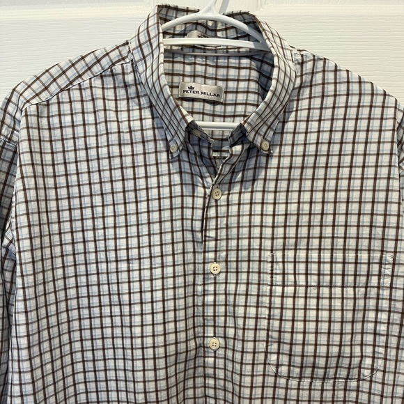 Peter Millar Casual Button Plaid Shirt White Pocket Large 100%Cotton Long Sleeve - Picture 2 of 4